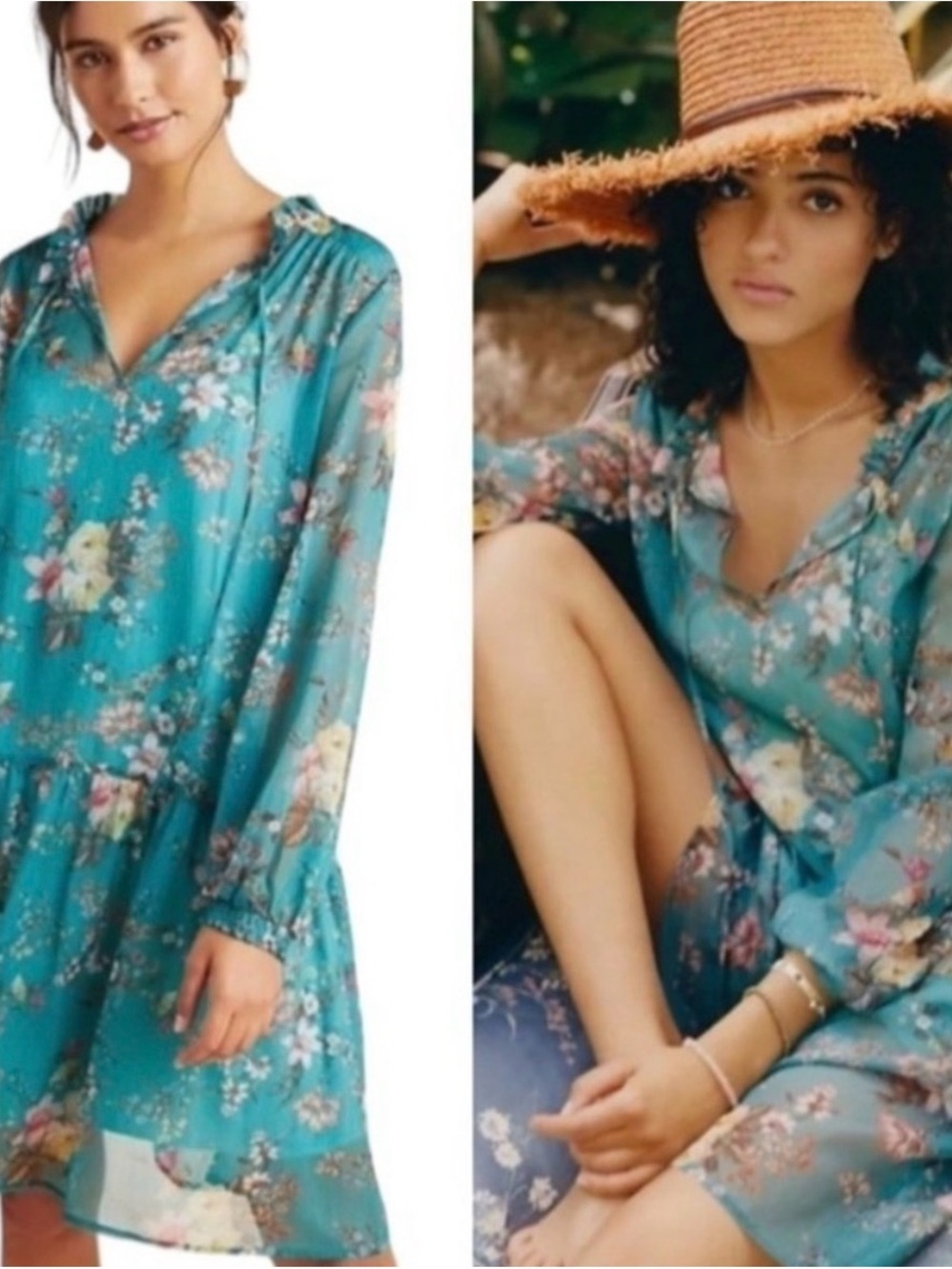 NWT Anthropologie Maive Teal Floral Ruffle-Trim Sheer Long-Sleeve Dress. Size XS